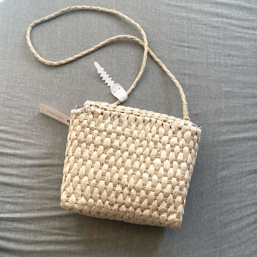 Anthropologie Embellished Straw Crossbody‎ Bag NWT Tan Cream Woven - Picture 7 of 11